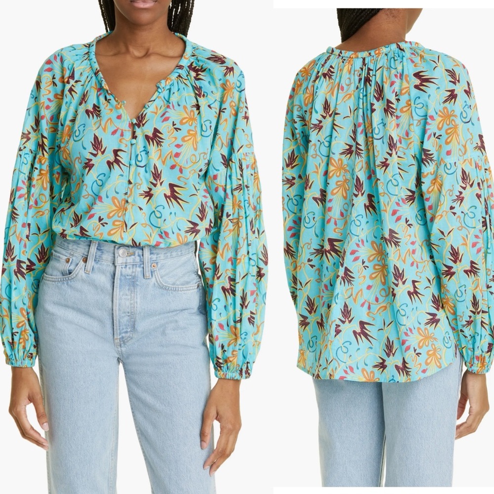 NWT A.L.C. Capri Grotto Multi Aqua Floral Print Cotton Blouse Top